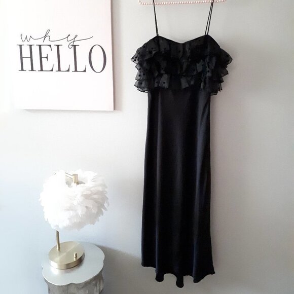 NWT Zara black satin-like maxi slip-like long dress w/ sheer ruffled accents, M - Picture 7 of 10